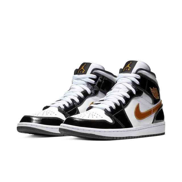 Air Jordan 1 Mid Patent Black White Gold