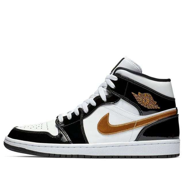 Air Jordan 1 Mid Patent Black White Gold